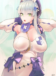 Rule 34 | 1girl, armpits, beret, blue hair, boca, breasts, choker, detached sleeves, dress, girls&#039; frontline, green eyes, hat, highres, hk416 (girls&#039; frontline), hk416 (herbal-flavored hard candy) (girls&#039; frontline), large breasts, long hair, looking at viewer, official alternate costume, open mouth, solo