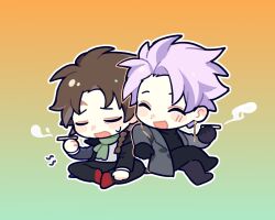 Rule 34 | 2boys, black coat, black gloves, black pants, black sweater, blush stickers, braid, brown hair, chibi, chinese commentary, cigarette, closed eyes, coat, commentary request, earrings, eyebrows hidden by hair, gloves, gradient background, green scarf, grey coat, grey shirt, harada minoru, highres, holding, holding cigarette, jewelry, long sleeves, male focus, miao zaitu, multicolored background, multiple boys, open clothes, open coat, open mouth, pants, parted bangs, purple hair, red footwear, saibou shinkyoku, scar, scar on face, scar on forehead, scarf, shirt, short hair, side braid, sigh, sitting, smile, sweat, sweater, theodore riddle, turtleneck, turtleneck sweater