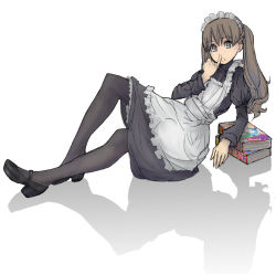 Rule 34 | apron, black eyes, hogeo, looking at viewer, lying, maid, maid headdress, manga (object), nose picking, on side, original, pantyhose, reclining, shadow, shoes, simple background, solo, twintails, white background