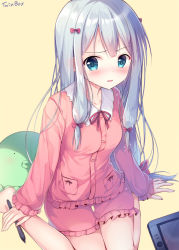 Rule 34 | 10s, 1girl, barefoot, blue eyes, blush, bow, breasts, circle name, cleavage, drawing tablet, eromanga sensei, frills, grey hair, hair bow, holding, izumi sagiri, long hair, long sleeves, looking at viewer, pajamas, parted lips, pink background, pink bow, simple background, sitting, small breasts, solo, sousouman, stuffed animal, stuffed octopus, stuffed toy, stylus, sweat, sweatdrop, wariza
