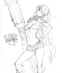 Rule 34 | 10s, 66head, bikini, bikini top only, black rock shooter, black rock shooter (character), flat chest, greyscale, hair over one eye, huge weapon, long hair, monochrome, shorts, sketch, solo, swimsuit, twintails, weapon