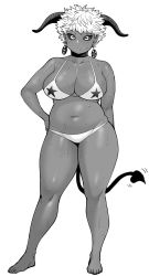 Rule 34 | 1girl, bare shoulders, barefoot, belly, black sclera, breasts, choker, cleavage, collarbone, colored sclera, demon horns, demon tail, earrings, elf-san wa yaserarenai., greyscale, hand on own hip, highres, horns, jewelry, large breasts, looking at viewer, monochrome, navel, pentagram, pentagram earrings, plump, pout, satero (elf-san wa yaserarenai.), short hair, simple background, solo, standing, synecdoche, tail, thick thighs, thighs, white background