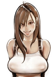 Rule 34 | 1990s (style), bare shoulders, brown eyes, brown hair, covered erect nipples, detached sleeves, final fantasy, final fantasy vii, long hair, retro artstyle, see-through, smile, square enix, suspenders, tifa lockhart