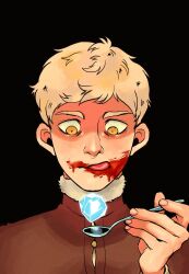 Rule 34 | 1boy, black background, blonde hair, blood, blood on face, brown coat, buttons, coat, commentary, crystal, dungeon meshi, english commentary, fur collar, fur trim, highres, holding, holding spoon, laios touden, licking lips, looking down, short hair, simple background, spoilers, spoon, tongue, tongue out, tuherrus, yellow eyes