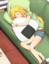 Rule 34 | 1girl, 39degrees, ahoge, bare arms, bare legs, belt, blonde hair, brown belt, commentary request, couch, cup, denim, dot nose, closed eyes, food, highres, holding, hoshii miki, idolmaster, idolmaster (classic), indoors, jeans, long hair, lying, hugging object, onigiri, pants, pillow, pillow hug, short shorts, short sleeves, shorts, sleeping, smile, solo, table, teacup, tiles, wristband