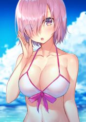 Rule 34 | 1girl, bikini, breasts, cleavage, collarbone, day, eyes visible through hair, fate/grand order, fate (series), hair over one eye, hakuishi aoi, halterneck, large breasts, looking at viewer, mash kyrielight, mash kyrielight (swimsuit of perpetual summer), official alternate costume, open mouth, outdoors, pink hair, purple eyes, short hair, solo, swimsuit, white bikini
