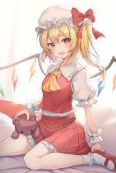 Rule 34 | 1girl, absurdres, ascot, blonde hair, blush, bobby socks, bow, breasts, collared shirt, commentary, crystal, fang, flandre scarlet, frilled shirt collar, frilled skirt, frilled sleeves, frilled socks, frills, full body, hat, hat bow, highres, looking at viewer, mary janes, mob cap, one side up, open mouth, orange eyes, pillow, pleated skirt, puffy short sleeves, puffy sleeves, raised eyebrow, red bow, red footwear, red skirt, red vest, shinyu xingyu, shirt, shoes, short hair, short sleeves, sidelocks, sitting, skin fang, skirt, skirt set, small breasts, smile, socks, solo, stuffed animal, stuffed toy, teddy bear, touhou, vest, wariza, white hat, white shirt, white socks, wings, wrist cuffs, yellow ascot