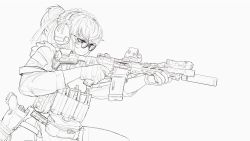 Rule 34 | 1girl, absurdres, alma01, assault rifle, commentary, ear protection, english commentary, fanny pack, flashlight, glasses, gloves, greyscale, gun, handgun, highres, holster, m4 carbine, magazine (weapon), maid day, maid headdress, monochrome, original, pistol, purple eyes, rifle, short ponytail, solo, spot color, suppressor, weapon