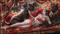 Rule 34 | 1girl, absurdres, bare legs, bare shoulders, black hair, black panther, cai lin (doupo cangqiong), couch, doupo cangqiong, earrings, expressionless, hair ornament, highres, indoors, jewelry, leaning to the side, long hair, navel, panther, pointy ears, red eyes, second-party source, solo, strapless, tube top, yang yang young