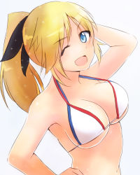 Rule 34 | 1girl, armpits, bikini, blonde hair, blue eyes, breasts, freckles, hair ribbon, katharine ohare, large breasts, liar lawyer, looking at viewer, one eye closed, open mouth, ponytail, ribbon, solo, strike witches, strike witches: suomus misfits squadron, swimsuit, underboob, white bikini, world witches series