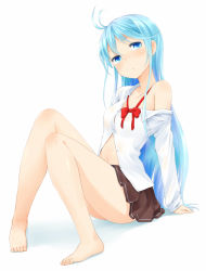 Rule 34 | 10s, 1girl, ahoge, antenna hair, arm support, bad id, bad pixiv id, bare legs, bare shoulders, barefoot, blue eyes, blue hair, blush, bow, denpa onna to seishun otoko, feet, full body, head tilt, highres, long hair, looking at viewer, matching hair/eyes, nagian, navel, off shoulder, open clothes, school uniform, simple background, sitting, skirt, solo, touwa erio, very long hair, wet