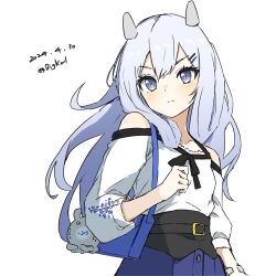 Rule 34 | 1girl, absurdres, bag, bigkwl, blue hair, blue shirt, dated, fake horns, grey eyes, hair ornament, hairclip, handbag, highres, horned headwear, horns, i-203 (kancolle), kantai collection, light blue hair, long sleeves, official alternate costume, one-hour drawing challenge, shirt, simple background, solo, twitter username, white background, white shirt
