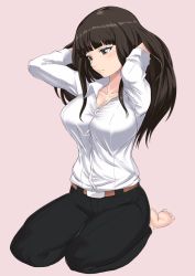 Rule 34 | 10s, 1girl, arms up, barefoot, belt, black pants, blunt bangs, breasts, brown belt, brown eyes, brown hair, cleavage, closed mouth, commentary, dress shirt, full body, girls und panzer, grey background, hands in hair, hotate-chan, large breasts, light frown, long hair, long sleeves, mature female, nishizumi shiho, pants, seiza, shirt, sitting, solo, straight hair, thighs, unbuttoned, unbuttoned shirt, white shirt