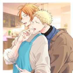 Rule 34 | 2boys, 961 masashi, apron, blonde hair, blue apron, blue shirt, blurry, blurry background, blush, border, brown coat, coat, collared shirt, ear piercing, from behind, given, green eyes, grey sweater, indoors, kaji akihiko, kitchen, licking another&#039;s finger, male focus, mixer (cooking), multiple boys, nakayama haruki, open mouth, orange eyes, orange hair, piercing, shirt, sweater, teeth, white border, window shadow, yaoi