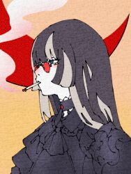 1girl ascot black_ascot black_choker black_hair black_shirt blue_eyes blunt_bangs choker cigarette closed_mouth collared_shirt crescent frilled_shirt frills from_side glasses gradient_background grey_hair hime_cut hololive hololive_dev_is juufuutei_raden lace-trimmed_choker lace_trim long_hair looking_ahead mouth_hold multicolored_hair orange_background pince-nez red-tinted_eyewear round_eyewear seigaiha shirt smoke smoking solo tinted_eyewear two-tone_hair virtual_youtuber yuzuhito_(kwazukin)