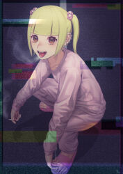 Rule 34 | 1girl, absurdres, arms on knees, blonde hair, blowing smoke, blunt bangs, brown eyes, chanel (jimoto saikou), cigarette, commentary request, ear piercing, from side, full body, glitch, hair bobbles, hair ornament, highres, holding, holding cigarette, jimoto saikou, koufukutei yumeko, long sleeves, looking at viewer, looking to the side, medium hair, missing tooth, no socks, open mouth, pants, piercing, pink footwear, pink pants, pink sweater, road, sandals, slav squatting, smile, smoking, solo, squatting, static, street, sweater, sweatpants, tongue, tongue out, tongue piercing