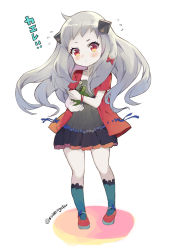 Rule 34 | 10s, 1girl, abyssal ship, aircraft, airplane, alternate costume, artist name, blush, casual, dress, flying sweatdrops, hair ornament, hair ribbon, horns, kantai collection, long hair, looking at viewer, mizuta kenji, northern ocean princess, pale skin, red eyes, ribbon, silver hair, simple background, solo, translated, twitter username