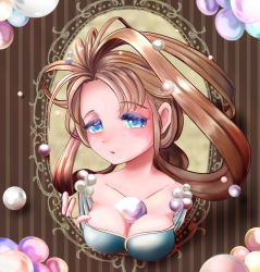 Rule 34 | 1girl, antenna hair, blue dress, blue eyes, breasts, brooch, cleavage, close-up, closed mouth, collarbone, dress, eyebrows, eyelashes, gem, highres, jewelry, lady pearl, large breasts, legend of mana, light brown hair, long hair, looking at viewer, medium breasts, neck, onigirigoburin, parted lips, pearl (gemstone), princess, profile, seiken densetsu, solo, solo focus, upper body