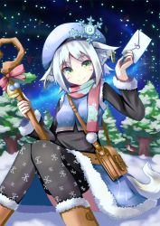Rule 34 | 1girl, akiyasu, animal ears, bell, black thighhighs, bow, commentary request, green eyes, hat, letter, looking at viewer, original, short hair, sitting, smile, snow, snowflakes, snowing, solo, tail, thighhighs