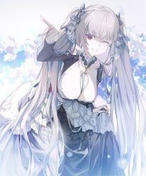 Rule 34 | 1girl, absurdres, azur lane, black bow, black dress, bow, breasts, choker, collarbone, controlline3, dress, flower, formidable (azur lane), frilled dress, frills, grey hair, hair bow, hair flowing over, highres, large breasts, long hair, long sleeves, looking at viewer, one eye closed, reaching, reaching towards viewer, red eyes, skirt hold, smile, solo, twintails, very long hair, white flower