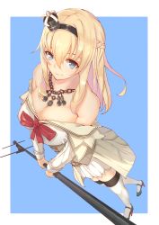 Rule 34 | 10s, 1girl, bare shoulders, black footwear, blonde hair, blue eyes, braid, breasts, cleavage, corset, crown, dress, flower, foodtoyc, french braid, from above, full body, hair between eyes, hairband, half updo, high heels, highres, holding, holding weapon, jewelry, kantai collection, large breasts, long hair, long sleeves, looking at viewer, mary janes, mini crown, necklace, off shoulder, perspective, red flower, red ribbon, red rose, ribbon, rose, scepter, shoes, smile, solo, standing, thighhighs, warspite (kancolle), weapon, white dress, white thighhighs