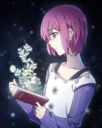 Rule 34 | 10s, 1boy, androgynous, book, collarbone, from side, glasses, gowther, hair between eyes, holding, male focus, nanatsu no taizai, open book, purple hair, short hair, solo, toruglose, upper body, yellow eyes