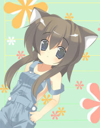 Rule 34 | 1girl, animal ears, bare shoulders, blue eyes, buttons, cat ears, collarbone, dutch angle, eyebrows, green background, hands on own hips, looking at viewer, omiso, omiso (omiso), original, overalls, simple background, solo