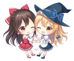 Rule 34 | 2girls, ;d, apron, bare shoulders, black footwear, black hair, black headwear, black skirt, blonde hair, blue bow, blush, bow, braid, chibi, commentary request, detached sleeves, full body, hair bow, hair tubes, hakurei reimu, hat, hat bow, heart, holding hands, interlocked fingers, kirisame marisa, long hair, long sleeves, looking at another, multiple girls, one eye closed, open mouth, puffy short sleeves, puffy sleeves, red bow, red eyes, red footwear, red skirt, ribbon-trimmed sleeves, ribbon trim, sarashi, shirt, shoes, short sleeves, sidelocks, simple background, single braid, skirt, skirt set, smile, socks, suspender skirt, suspenders, touhou, waist apron, white apron, white background, white legwear, white shirt, wide sleeves, witch hat, wrist cuffs, yamayu, yellow eyes