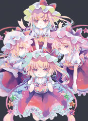 Rule 34 | 4girls, :o, ascot, black background, blonde hair, bow, closed mouth, commentary request, flandre scarlet, four of a kind (touhou), hands on own cheeks, hands on own face, hat, hat bow, hiyuu (hiyualice), licking lips, looking at viewer, mob cap, multiple girls, multiple persona, puffy short sleeves, puffy sleeves, red bow, red eyes, red skirt, short sleeves, simple background, skirt, skirt set, smile, star (symbol), tongue, tongue out, touhou, white hat, wrist cuffs, yellow ascot