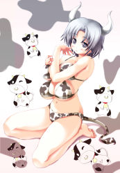 Rule 34 | bikini, breasts, cleavage, cow, cow girl, cow print, extra breasts, grey eyes, grey hair, horns, kneeling, monster girl, pout, swimsuit