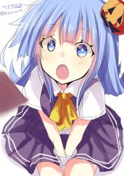 Rule 34 | 10s, 1girl, :o, blue eyes, blue hair, candy, candy bar, check commentary, chocolate, chocolate bar, commentary request, food, food-themed hair ornament, from above, gloves, hair ornament, halloween, hatsukaze (kancolle), highres, hizaka, jack-o&#039;-lantern, kantai collection, long hair, looking at viewer, looking up, matching hair/eyes, open mouth, pumpkin, pumpkin hair ornament, school uniform, simple background, sitting, skirt, solo, twitter username, v arms, white background, white gloves
