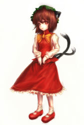 Rule 34 | 1girl, animal ears, brown eyes, brown hair, cat ears, cat girl, cat tail, chen, dress, ear piercing, earrings, female focus, fingernails, full body, hat, hiepita (1014), highres, jewelry, long fingernails, mary janes, multiple tails, nekomata, piercing, red dress, shoes, simple background, solo, standing, tail, touhou