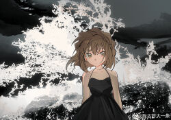 Rule 34 | 1girl, bare shoulders, black dress, braid, brown hair, character request, chinese commentary, closed mouth, cloud, cloudy sky, cloudyooooo, collarbone, commentary request, copyright request, cowboy shot, crown braid, day, dress, expressionless, green eyes, highres, looking at viewer, ocean, outdoors, short hair, sky, sleeveless, sleeveless dress, solo, spaghetti strap, straight-on, waves, weibo watermark
