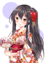 Rule 34 | 10s, 1girl, alternate hairstyle, bad id, bad pixiv id, brown eyes, hair ornament, hairclip, hand fan, haruna (kancolle), japanese clothes, kantai collection, kimono, looking at viewer, nanase nao, open mouth, paper fan, simple background, smile, solo, uchiwa, yukata