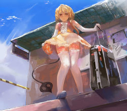 Rule 34 | 1girl, blonde hair, blue footwear, blue sky, board, building, closed mouth, cloud, cross-laced clothes, darwinwu, day, dress, flandre scarlet, from below, frown, full body, gloves, holding, knees together feet apart, lace, lace-trimmed legwear, lace trim, laevatein, long hair, looking at viewer, no wings, outdoors, pole, shade, shoes, sky, sleeveless, solo, standing, station, suitcase, thighhighs, touhou, upskirt, wavy hair, white gloves, white thighhighs