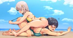 Rule 34 | 2girls, absurdres, ass, bare arms, bare legs, bare shoulders, barefoot, beach, bikini, black-framed eyewear, black hair, blue eyes, breast press, breasts, clothes pull, dashi namashi, fang, from side, full body, glasses, green one-piece swimsuit, grey hair, highres, large breasts, long hair, multiple girls, narrowed eyes, ocean, one-piece swimsuit, one-piece swimsuit pull, open mouth, original, pinned, profile, pulling another&#039;s clothes, purple eyes, side-tie bikini bottom, sideboob, sitting, sitting on person, sky, soles, string bikini, surprised, swimsuit, thick thighs, thighs, top-down bottom-up, two side up, wrestling, yellow bikini