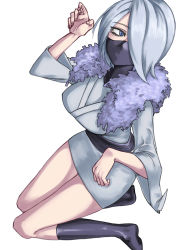 Rule 34 | 1girl, absurdres, artist request, asymmetrical bangs, black footwear, black mask, black sash, boku no hero academia, boots, breasts, clenched hands, expressionless, eyelashes, female focus, fingernails, from above, fur collar, ghost pose, grey eyes, grey kimono, hair over one eye, hands up, highres, japanese clothes, kimono, knee boots, kneeling, legs, looking at viewer, mask, matching hair/eyes, medium breasts, medium hair, mouth mask, neck, obi, outstretched arms, sash, shiny clothes, shiny skin, short kimono, sidelocks, silver hair, simple background, standing, thighs, thighs together, traditional clothes, white background, wide sleeves, yanagi reiko