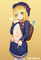 Rule 34 | 1girl, absurdres, backpack, bag, bikini, bikini under clothes, blonde hair, blue hat, blue serafuku, blue shirt, blue skirt, bow, breasts, brown background, character name, clothes lift, clothes pull, commentary, eyebrows hidden by hair, flute, goback, green eyes, hat, hat bow, heart, highres, idolmaster, idolmaster cinderella girls, instrument, lifted by self, looking at viewer, navel, parted lips, pulled by self, randoseru, recorder, red bow, sailor collar, sakurai momoka, school uniform, serafuku, shirt, shirt lift, simple background, skirt, skirt pull, small breasts, smile, solo, sweat, swimsuit, teeth, thighhighs, upper teeth only, white bikini, white sailor collar, white thighhighs