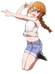 &gt;_o :d armpits baba_konomi billbung black_footwear blue_pants blush braid brown_hair denim denim_shorts dot_nose double-parted_bangs eyelashes full_body green_eyes idolmaster idolmaster_million_live! idolmaster_million_live!_theater_days jumping long_hair looking_at_viewer midriff navel one_eye_closed open_mouth pants pointing pointing_forward pointing_up shirt shoes shorts sidelocks simple_background single_braid sleeveless sleeveless_shirt smile sneakers white_background