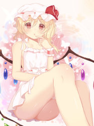 Rule 34 | 1girl, :o, absurdres, ass, bare legs, bare shoulders, binan xian lu, blonde hair, bow, breasts, collarbone, crystal, dress, finger to mouth, flandre scarlet, hand up, hat, hat bow, hat ribbon, highres, looking at viewer, mob cap, open mouth, red bow, red eyes, red ribbon, ribbon, ribbon-trimmed dress, short dress, short hair, side ponytail, sitting, sleeveless, sleeveless dress, slit pupils, solo, spread wings, thighs, touhou, white bow, white dress, white hat, wings