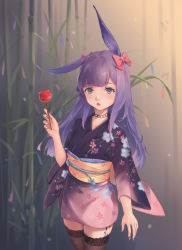 Rule 34 | 1girl, absurdres, alternate costume, animal ears, arknights, artist request, bamboo, black thighhighs, bow, candy apple, chinese commentary, commentary request, floral print, food, grey eyes, hair bow, hand up, highres, holding, holding food, japanese clothes, kimono, long hair, long sleeves, nail polish, obi, open mouth, purple hair, purple kimono, purple nails, rabbit ears, red bow, rope (arknights), sash, short kimono, solo, thighhighs, thighs, wide sleeves, yellow sash, zettai ryouiki