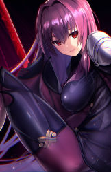 Rule 34 | 1girl, :d, armor, bodysuit, breasts, commentary, covered navel, dark background, fate/grand order, fate (series), gae bolg (fate), hair intakes, holding leg, large breasts, leg up, leotard, long hair, looking at viewer, open mouth, pauldrons, polearm, purple bodysuit, purple hair, purple leotard, red eyes, revision, scathach (fate), scathach (fate), shoulder armor, sitting, smile, solo, spear, untue, weapon