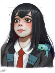 Rule 34 | 10s, 1girl, asui tsuyu, black hair, blouse, boku no hero academia, brown eyes, closed mouth, collared shirt, dress shirt, eyebrows, eyeliner, frog, highres, lips, long hair, makeup, mascara, messy hair, necktie, nose, parted bangs, portrait, randy (awesomevillage), realistic, red necktie, school uniform, shirt, simple background, solo, source request, upper body, white background, white shirt, wide-eyed, wing collar