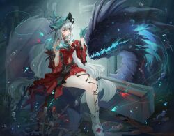 Rule 34 | 1girl, arknights, bare shoulders, blue gloves, blue headwear, boots, clothing cutout, commentary request, detached sleeves, gloves, grey hair, highres, long hair, long sleeves, navel, navel cutout, red eyes, skadi&#039;s seaborn (arknights), skadi (arknights), skadi the corrupting heart (arknights), solo, thighs, very long hair, white footwear, xinglanlanlanlan