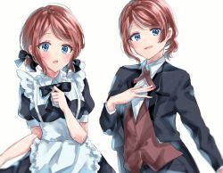 Rule 34 | 2girls, \||/, alternate hairstyle, apron, bad id, bad twitter id, black jacket, black neckwear, black ribbon, blue eyes, blush, bow, bowtie, brown hair, brown neckwear, butler, clenched hand, collared dress, collared shirt, dress, dual persona, female butler, formal, hair ribbon, hand on own chest, hand up, jacket, long sleeves, looking at viewer, love live!, love live! sunshine!!, maid, maid apron, minori 748, multiple girls, open mouth, ponytail, ribbon, shirt, short hair, short sleeves, simple background, suit, twintails, upper body, watanabe you, white apron, white background