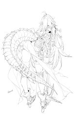 Rule 34 | 1girl, absurdres, ahoge, armor, ass, boot knife, boots, chuzenji, crocodilian tail, dragon tail, fingerless gloves, fingernails, flower, gloves, greyscale, high heels, highres, holding, holding weapon, knife, long fingernails, long hair, monochrome, original, pouch, signature, solo, spurs, tail, thigh strap, thighhighs, weapon