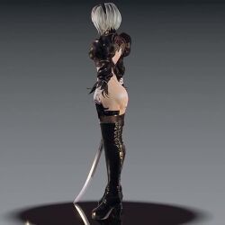 Rule 34 | 1girl, 2b (nier:automata), 3d, animated, ass, ass focus, blindfold, holding, holding sword, holding weapon, leotard, lipstick, lowres, makeup, mole, mole under mouth, nier:automata, nier (series), pear force one, standing, sword, tagme, thighhighs, video, weapon, white hair