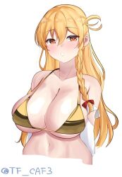 Rule 34 | 1girl, armpit crease, bare shoulders, bikini, blonde hair, blush, braid, breasts, cleavage, cropped torso, elbow gloves, gloves, gold bikini, hair between eyes, huge breasts, kantai collection, large breasts, long hair, looking at viewer, navel, one-hour drawing challenge, parted lips, red eyes, solo, swimsuit, tf cafe, upper body, zara (kancolle)