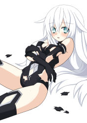 Rule 34 | 10s, 1girl, :o, absurdres, aqua eyes, armpits, bad id, bad pixiv id, bare shoulders, black gloves, black heart (neptunia), black thighhighs, blush, breast hold, breasts, cleavage, crossed arms, elbow gloves, eyes visible through hair, female focus, flipped hair, from side, gloves, groin, hair between eyes, halterneck, highres, holding own arm, leotard, long hair, magical girl, meimu (infinity), neptune (series), noire (neptunia), open mouth, power symbol, power symbol-shaped pupils, reclining, sideboob, simple background, sitting, small breasts, solo, sweat, sweatdrop, symbol-shaped pupils, thighhighs, torn clothes, torn leotard, turtleneck, very long hair, white background, white hair