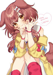 Rule 34 | 1girl, :3, animal collar, animal ears, ayame (3103942), blue bow, blush, bone hair ornament, bow, bracelet, braid, breasts, brown eyes, brown hair, buttons, cartoon bone, chromatic aberration, cleavage, closed mouth, collar, dog ears, dog girl, dog tail, dress, fangs, feet out of frame, hair between eyes, hair ornament, hairclip, happy birthday, head tilt, heart, highres, hololive, inugami korone, inugami korone (1st costume), jacket, jewelry, long hair, looking at viewer, loose socks, low twin braids, low twintails, off-shoulder jacket, off shoulder, red bow, red collar, red legwear, short dress, sitting, socks, solo, tail, twin braids, twintails, virtual youtuber, white dress, wristband, yellow jacket